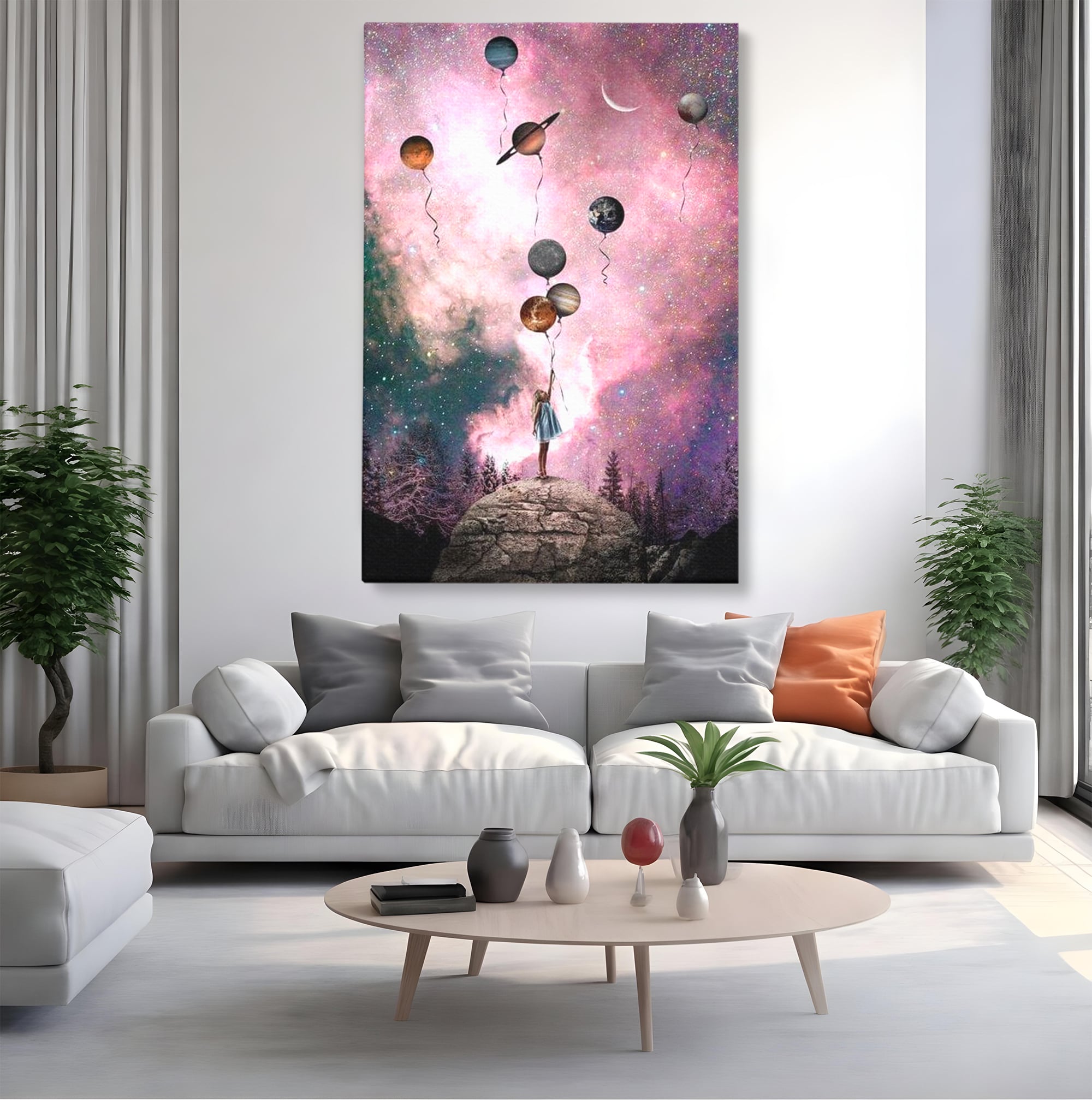 Tablou canvas cu ilustratie fetita tinand baloane planete, fara rama, pe sasiu de lemn, pe perete intr-un living